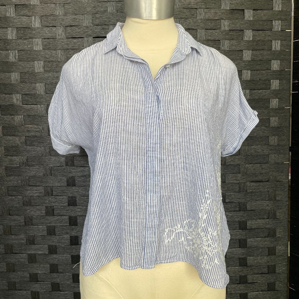 Madewell Top Small‎ Blue White Striped Embroidered Cotton Shirt